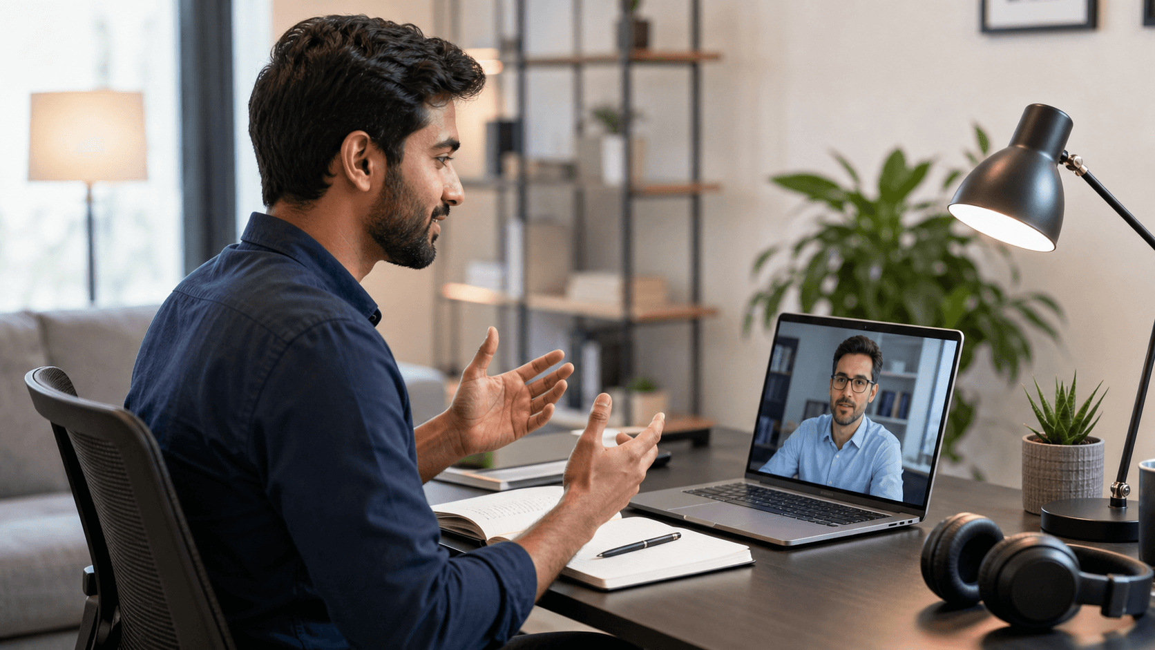 Smiling software engineer in a blue office answers interview questions across a desk with a laptop and notebook.