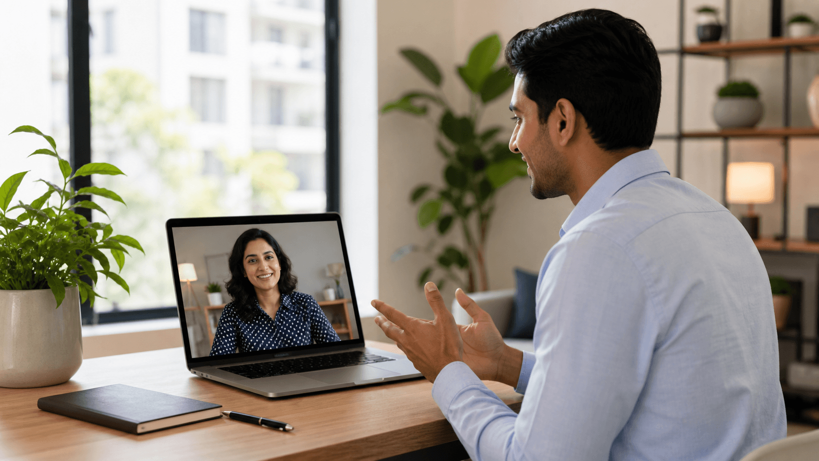 Split-screen virtual interview with a candidate on laptop and glowing AI interface in cool blue tones