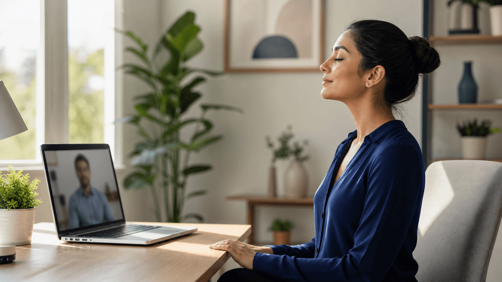 Young professional sits calmly in a bright office, hands folded beside a résumé and coffee cup.