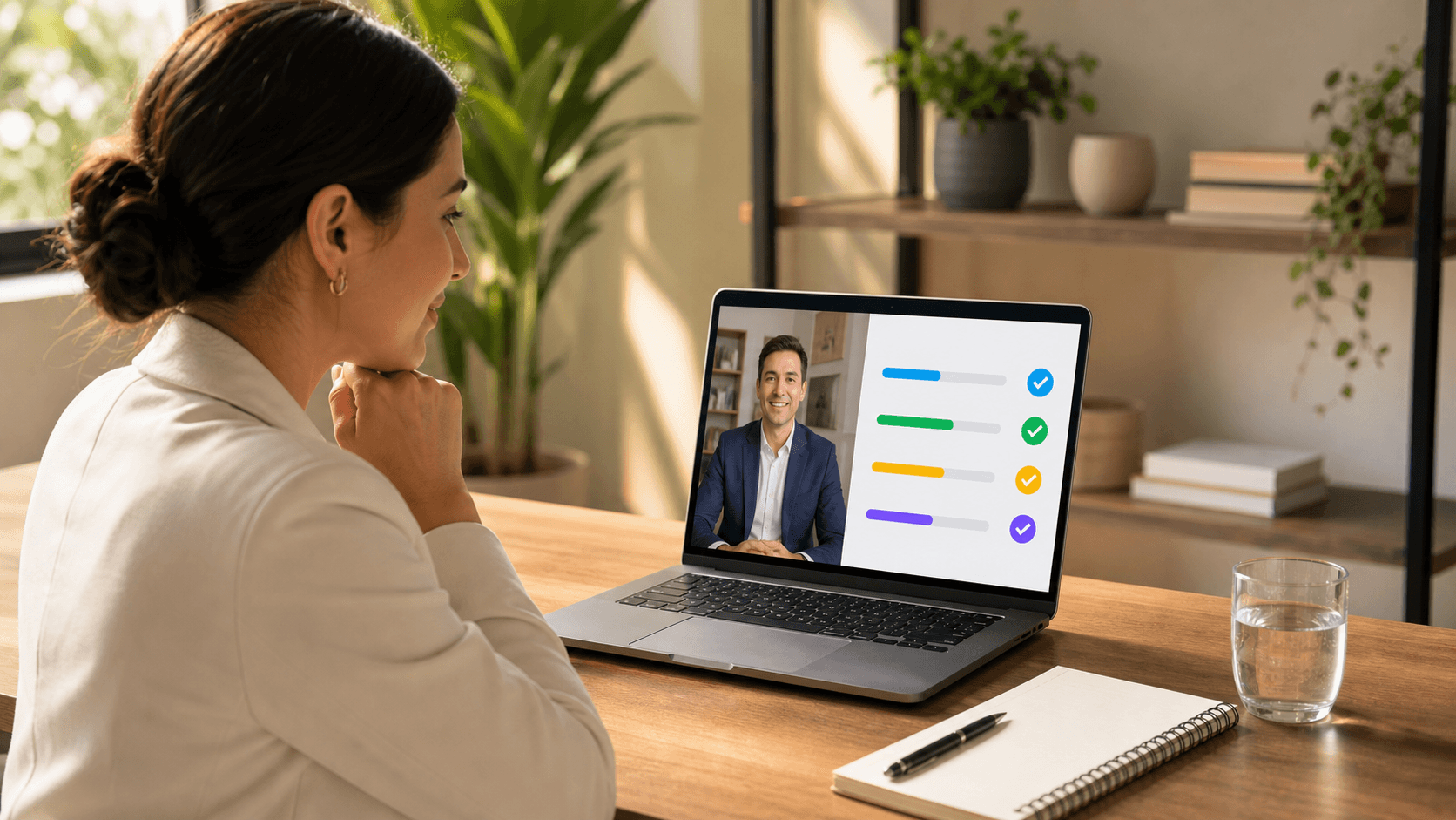 Laptop displaying an AI interview interface beside a résumé, with blue chat bubbles and soft office lighting.