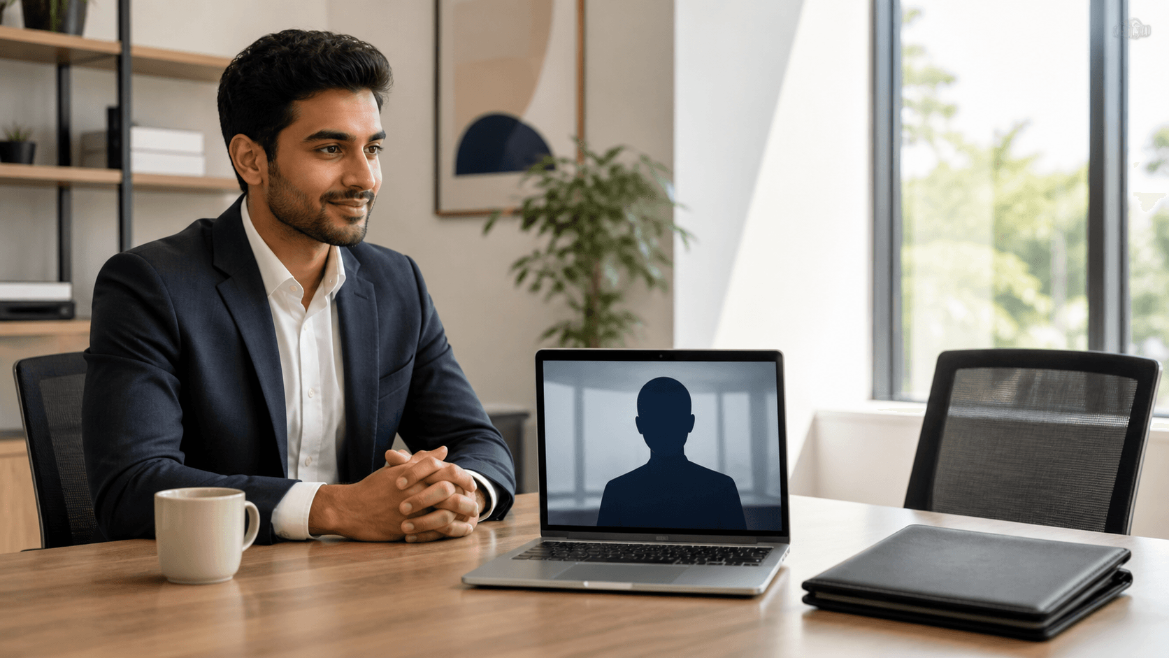 A candidate in a dark suit faces a glowing AI interview screen in a blue-lit office.