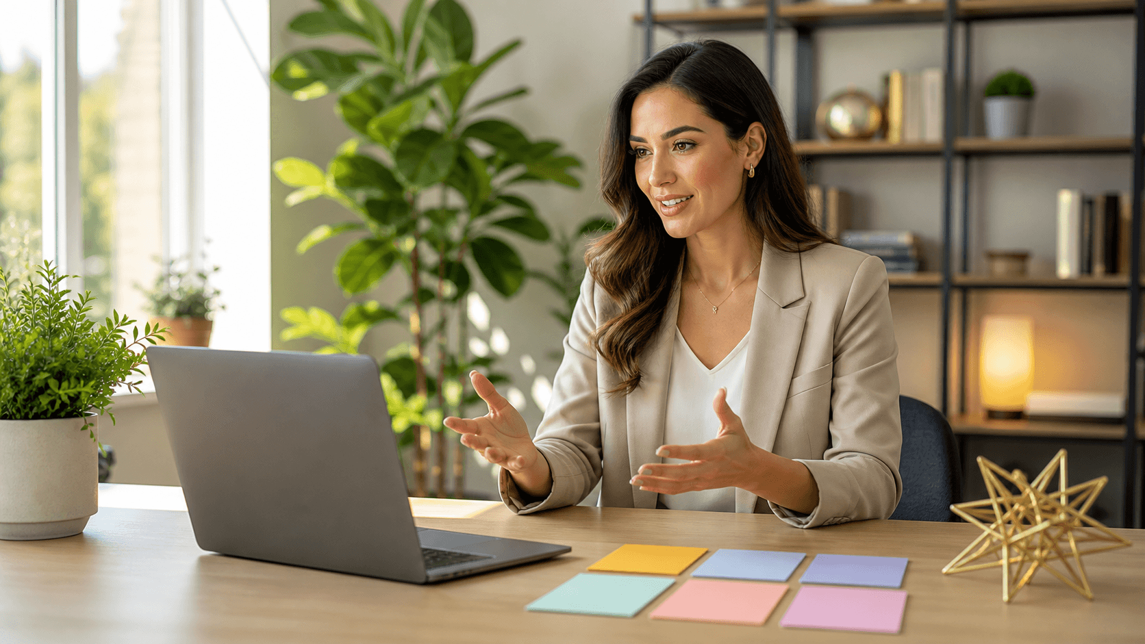 Professional seated at a desk, speaking confidently with colorful STAR notes floating beside them.
