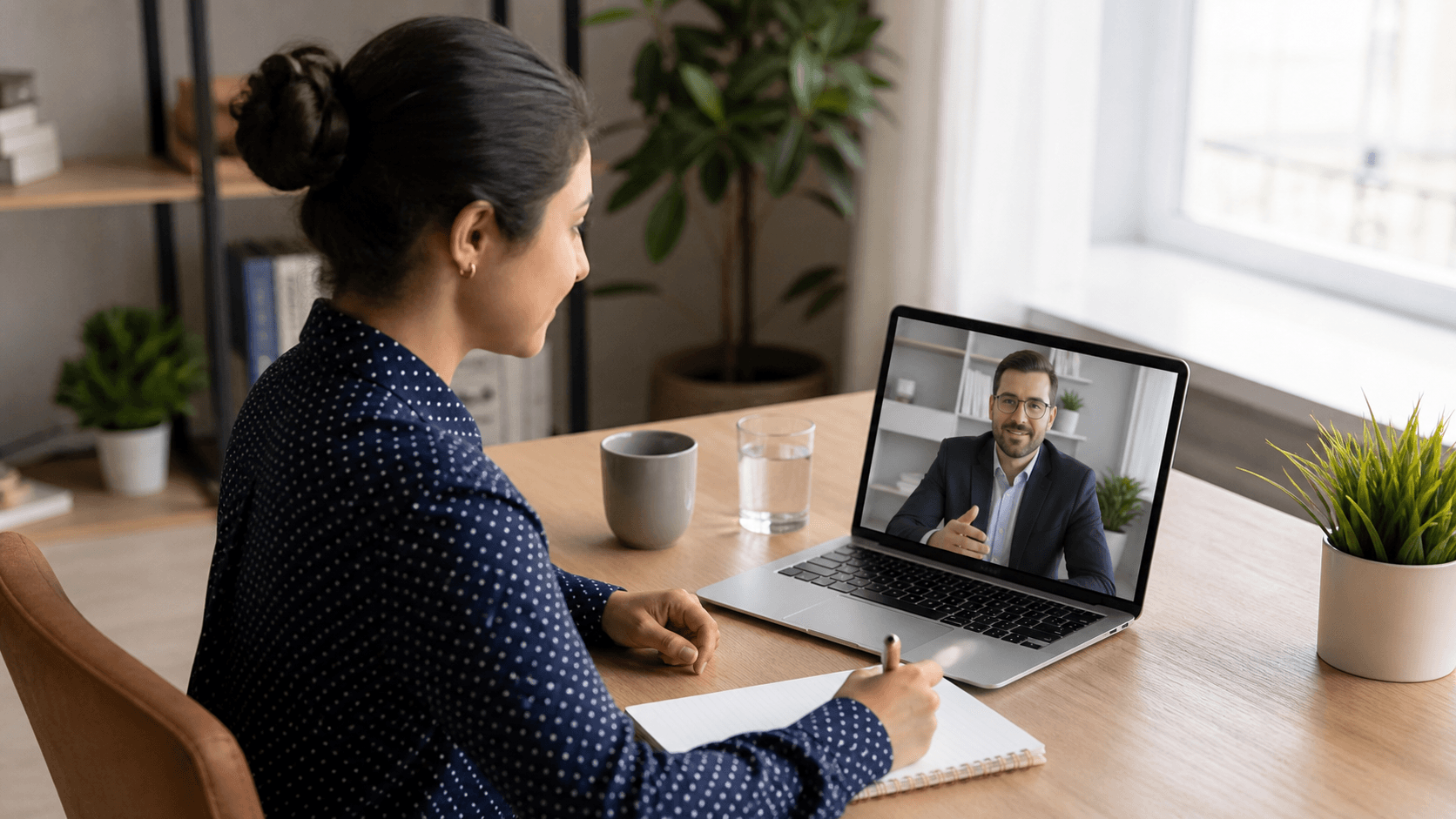 Split-screen video call shows a candidate and interviewer rehearsing in bright home office settings.